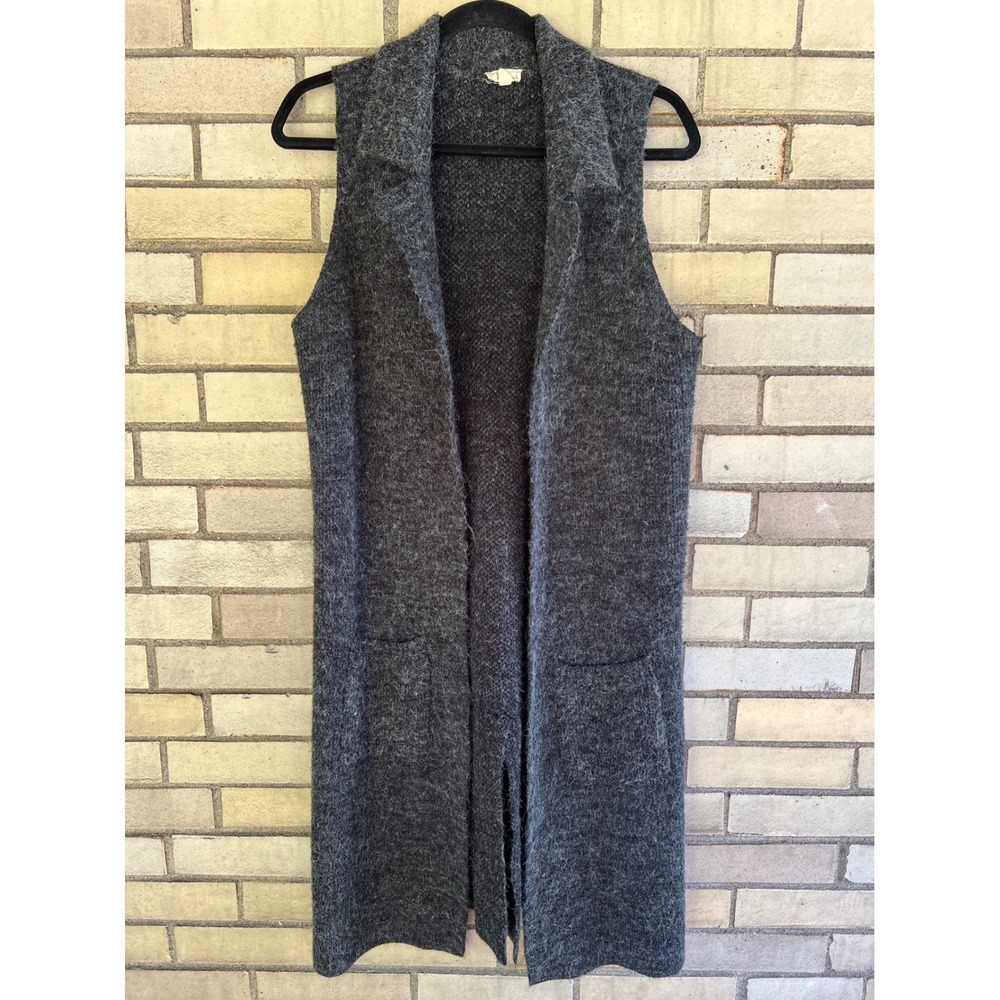 Hem & Thread Charcoal Grey Longline Knit Sweater Vest Collar Pockets Size Large